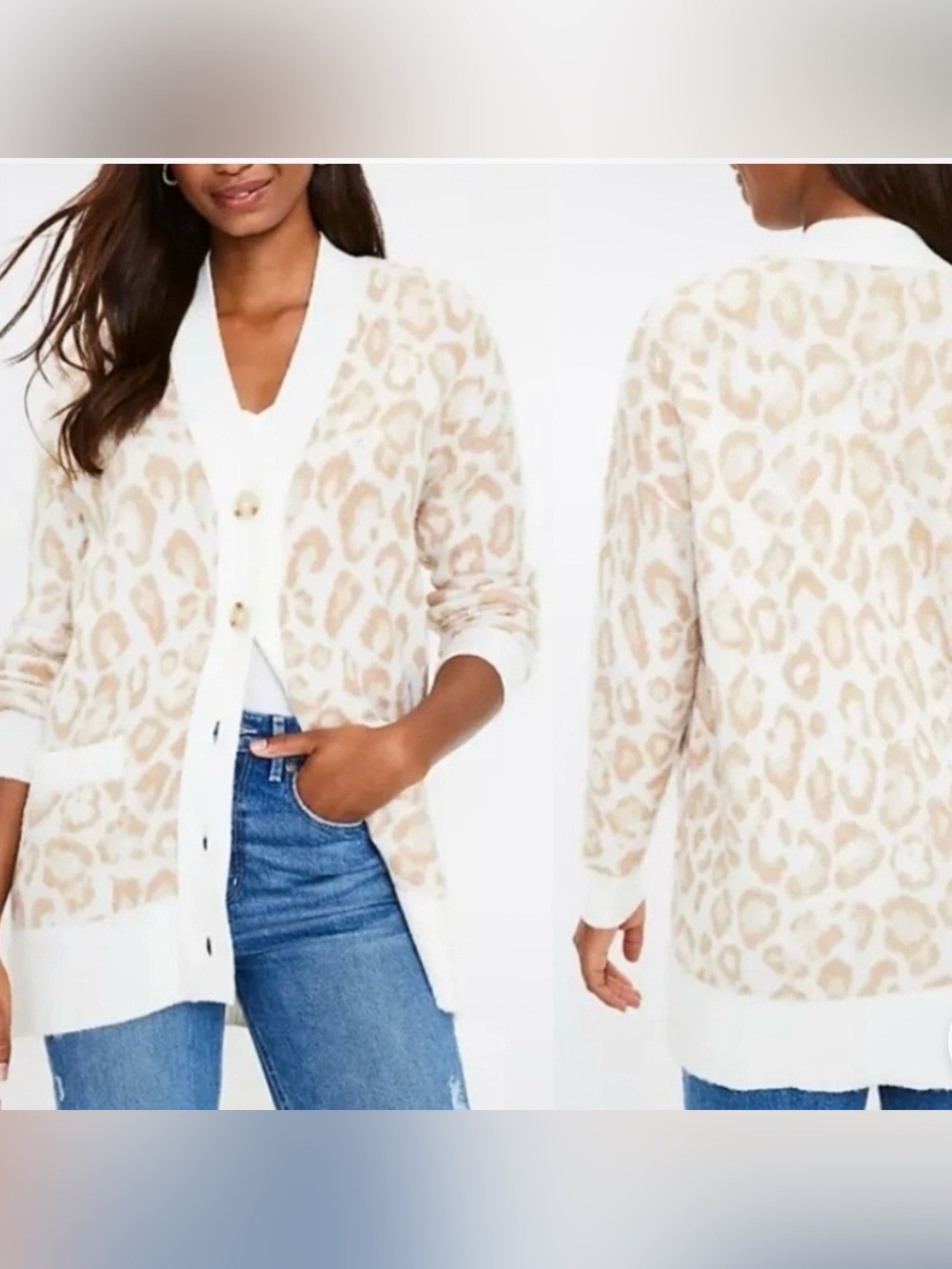ANN TAYLOR LOFT Leopard Button Front V Neck Cardigan S